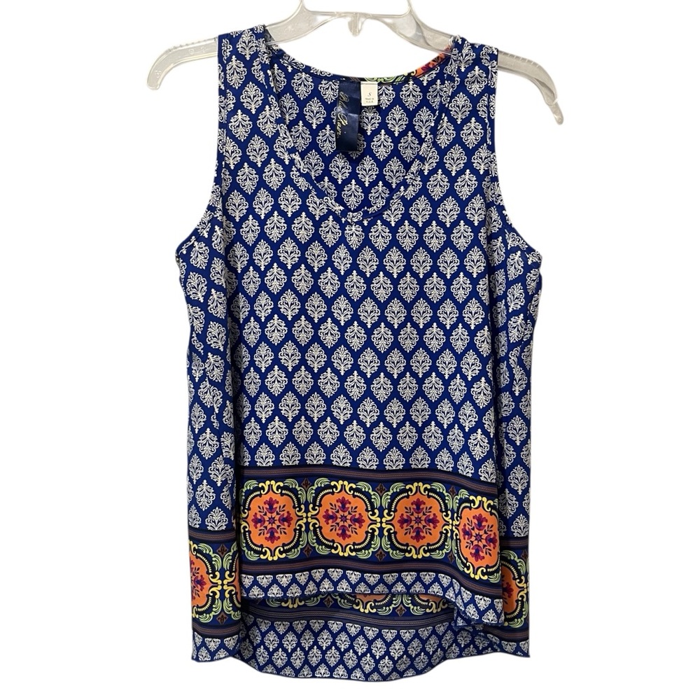 Blue Rain Women Small‎ Blue White Geometric V Neck Sleeveless Tank Polyester Top